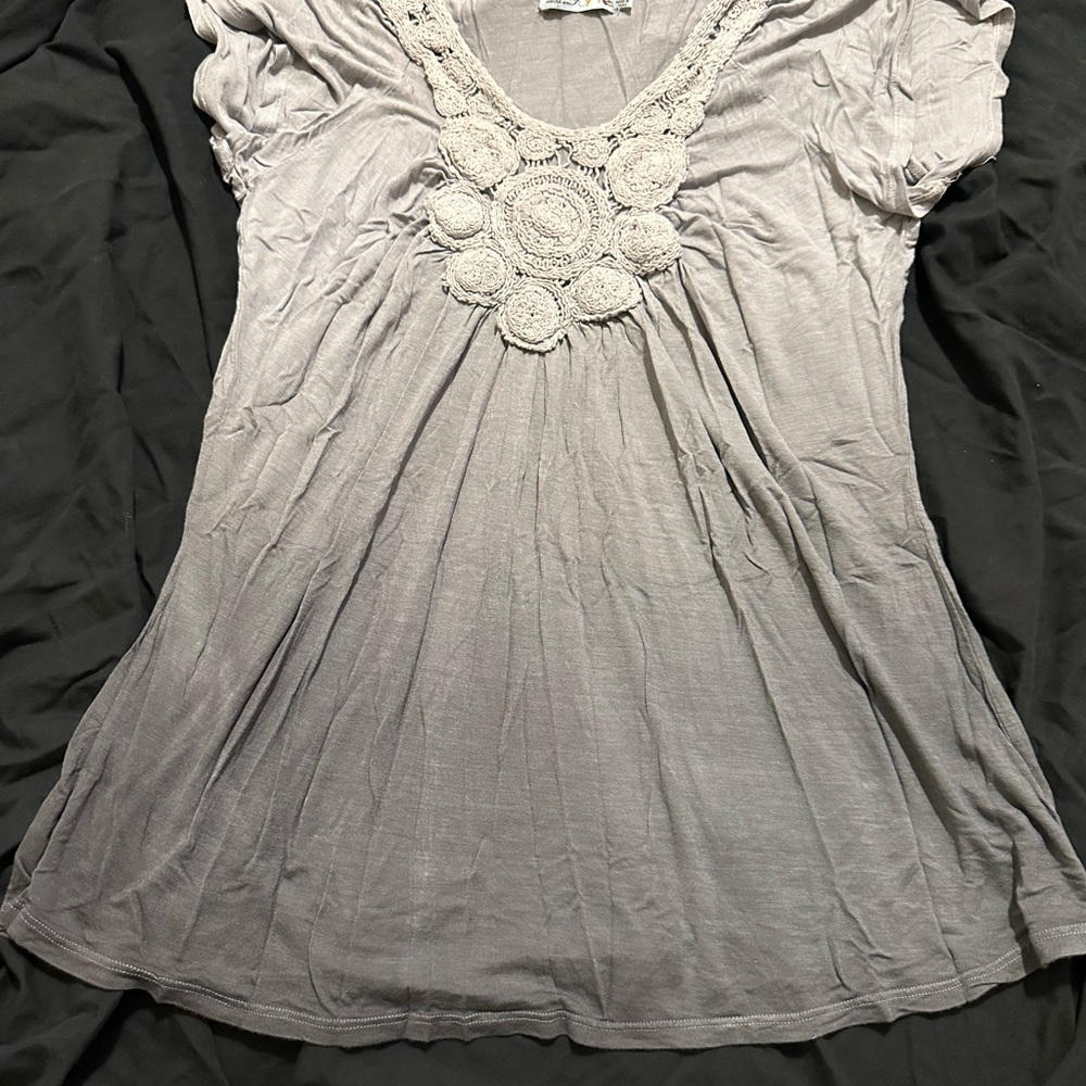Gray Flutter Sleeve Blouse with Ruched Embellishments